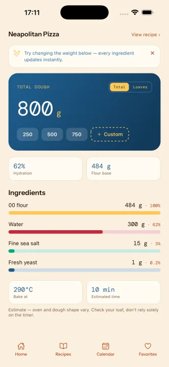 Bakerate app dough calculator screen